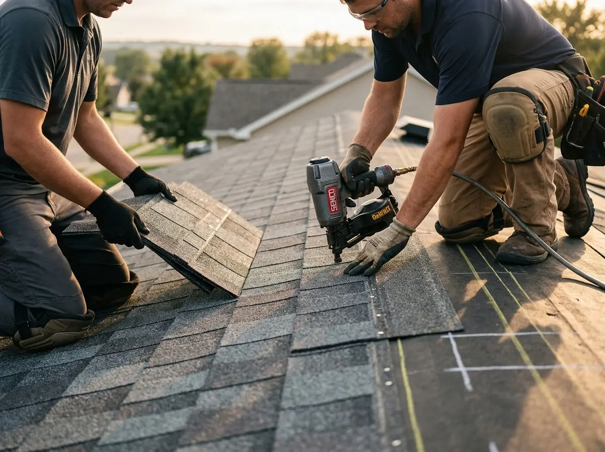 Professional roofer working on a residential roof in Rowland Heights